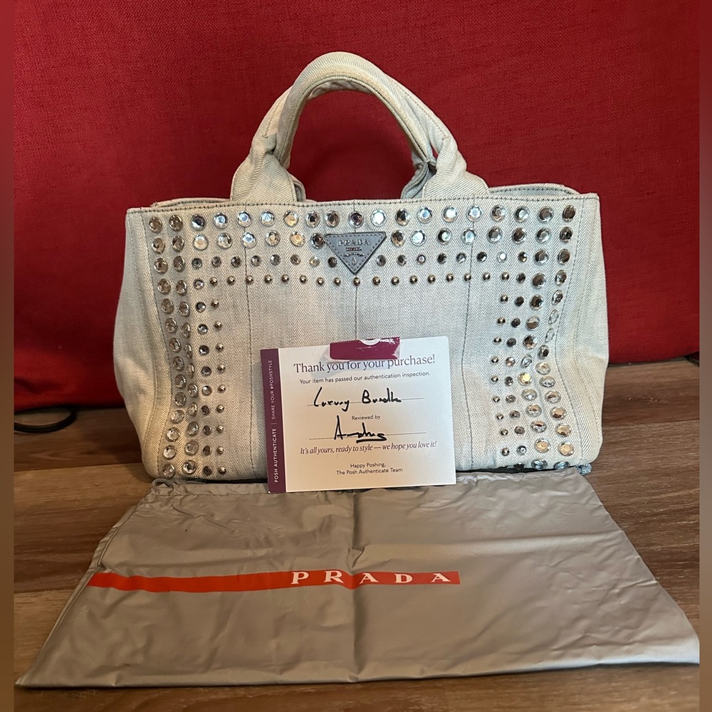 Prada Canapa Denim Tote with Rhinestone Embellishments